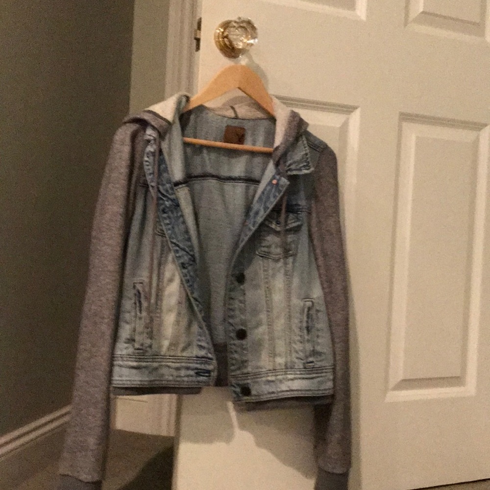 Jean jacket with heather gray sleeves and hood